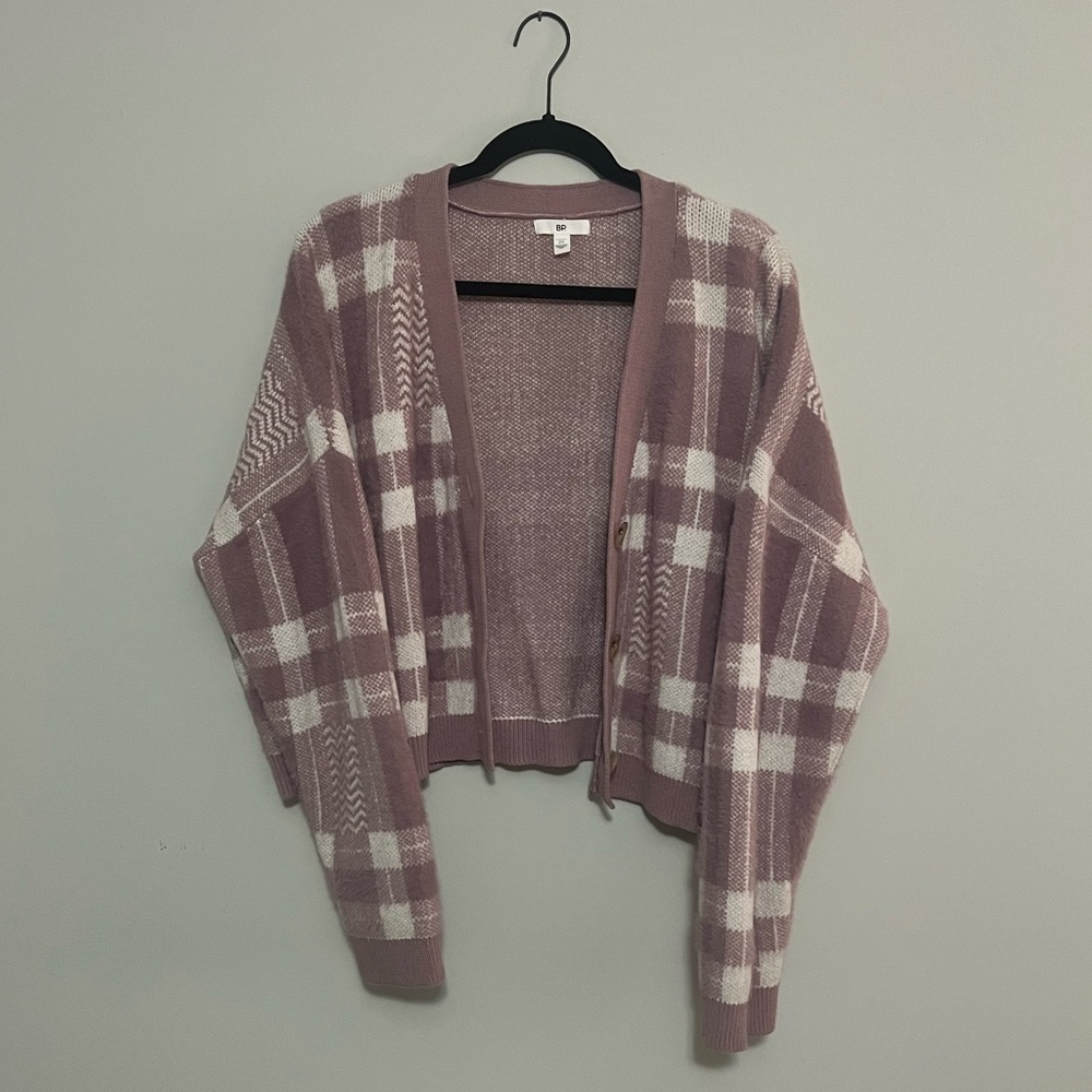 BP Mauve and Cream Plaid Cardigan Sweater